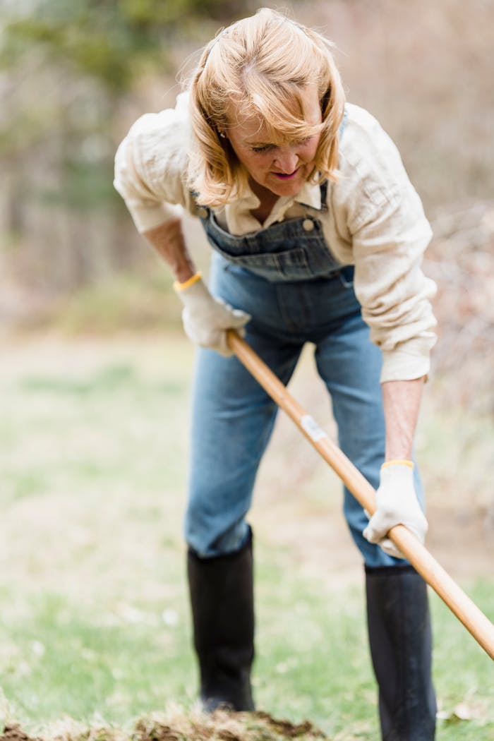 Home Elderly woman gardening outdoors, wearing overalls and gloves, engaging in spring chores.